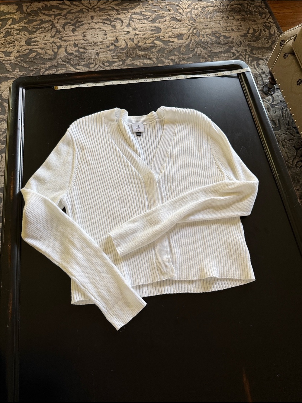 Cabi White Ribbed V-Neck Sweater#6173